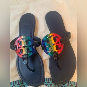 Tory Burch Navy Sandals with Colorful Logo